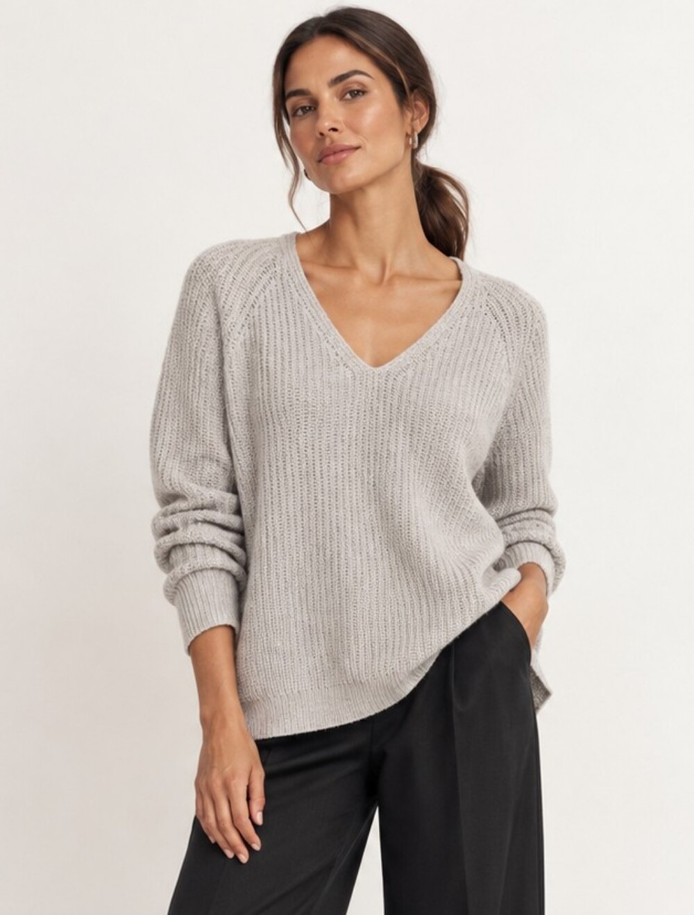 Theory 100% Cashmere Ribbed V-Neck Sweater Gray Size Small